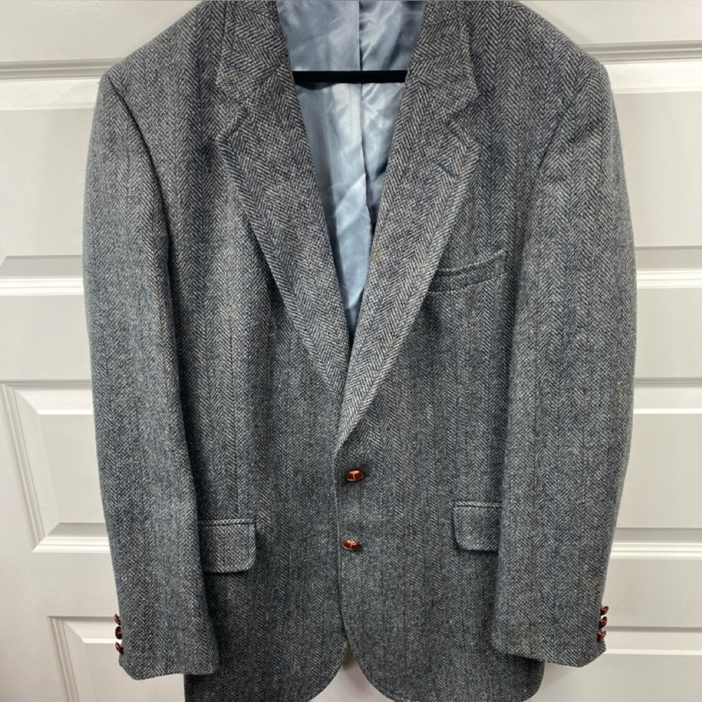 Saville Row Wool Tweed Blazer Men Herringbone Sport Coat Gray Jacket 42L
